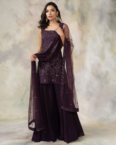 Aashni + Co on Instagram: “Add a touch of glam to your wedding wardrobe with this @poojapeshoriaofficial collection. Shop now on aashniandco.com // Email…” Sequence Dress Design, Sequence Dress Indian, Outfit For Sangeet Function, Purple Indian Outfit, Blue Sharara, Sequence Lehenga, Farewell Dresses, Wedding Wardrobe, Gowns Dresses Elegant