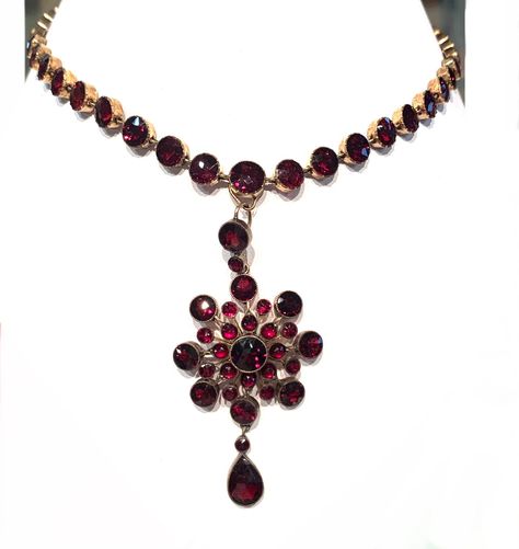 "This beautiful vintage rose cut Garnet necklace and earrings are set in 10k yellow gold. Necklace is 8\" L, with Pendant 10\", the total weight of pendant is 29.4 g The earrings are 1 3/4 in length with a total weight of 5.2 g" Antique Garnet Necklace, Cabin Door, 2024 Style, Gothic Accessories, Fun Jewelry, Yellow Gold Necklace, Garnet Necklace, Antique Necklace, Pretty Clothes