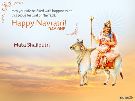 Day one of Navratri is dedicated to Maa Shailputri. #exactllycrm www.exactlly.com/crm Navratri Day 1 Shailputri, Shailputri Maa Images Navratri, Shailputri Maa Images, Happy Navratri Shailputri, Maa Siddhidatri Images, Navratri Wishing Post, Maa Image, Festival Quotes, Mens Wear Wedding