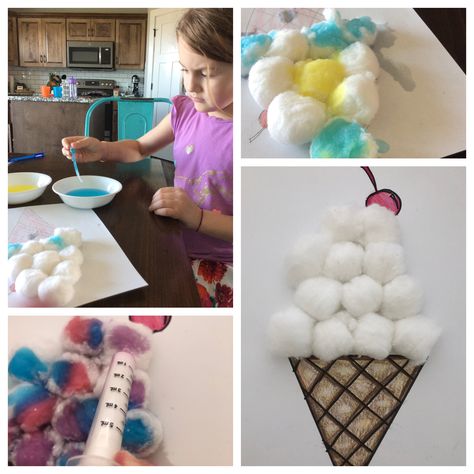 Cotton Ball Ice Cream:Glue cotton balls to a sheet of paper with a drawn on ice cream cone then draw a cherry🍒 . Die water and drop it onto the cotton balls to make you Ice cream🍦 Cotton Ball Ice Cream Craft, Ice Cream Cone Craft, Ice Cream Pictures, Ice Cream Crafts, Storytime Crafts, Ice Cream Art, Cream Glue, Camp Crafts, Sensory Crafts