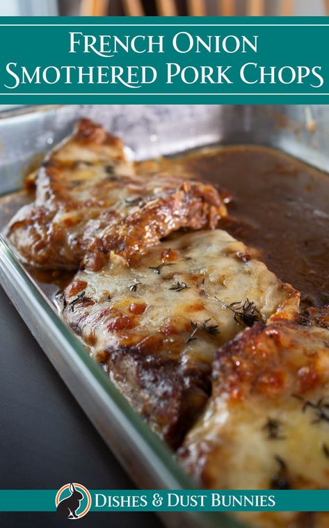 Delicious pork chops baked in a flavourful French onion sauce and topped with cheese. If you're a fan of French Onion soup, you'll love this recipe! It's the perfect main course! French Onion Smothered Pork Chops, Onion Smothered Pork Chops, Pork Chops Baked, Delicious Pork Chops, French Onion Pork Chops, Pork Chop Dishes, Pork Entrees, Whipped Potatoes, Smothered Pork