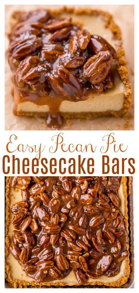 The only thing better than Pecan Pie Cheesecake? Easy Pecan Pie Cheesecake Bars! Featuring a crunchy graham cracker crust, creamy cheesecake filling, and pecan pie filling on top, this dessert recipe is a total showstopper. Perfect for Thanksgiving or Christmas! Easy Pecan Pie Cheesecake, Pecan Pie Cheesecake Bars, Pecan Cheesecake Bars, Easy Pecan Pie, Cheesecake Easy, Pecan Pie Easy, Baker By Nature, Pecan Pie Cheesecake, Pecan Pie Filling