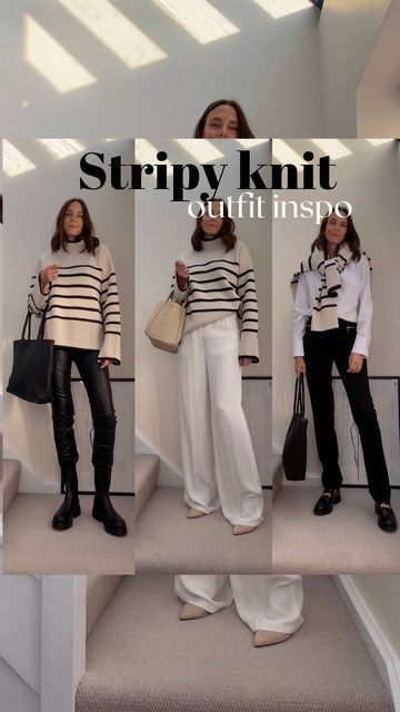 Stripy Jumper Outfits, Jumper Outfits, Small Black Bag, Winter Closet, Tan Bag, Autumn Style, Leather Trousers, Blazer Fashion, Karen Millen