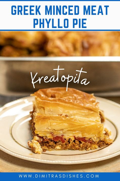 The Greeks call this savory pie with saucy minced meat and buttery phyllo, Kreatopita! Greek Pie, Ground Beef Stew, Phyllo Pie, Ground Beef Stews, Phyllo Recipes, Phyllo Pastry, Greek Recipes Authentic, Beef Pies, Food Receipt