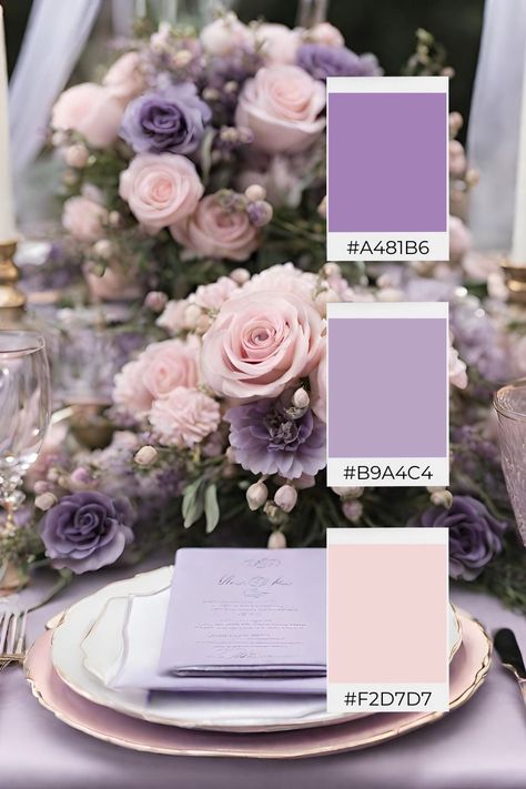 Dusty Lavender Wedding Color Schemes, Pink Purple Wedding Theme, Pink And Purple Wedding Theme, Pastel Color Palette Wedding, Lavender And Pink Wedding, Spring Wedding Palette, Purple Theme Wedding, Lavender Wedding Decor, Summer Wedding Color Schemes