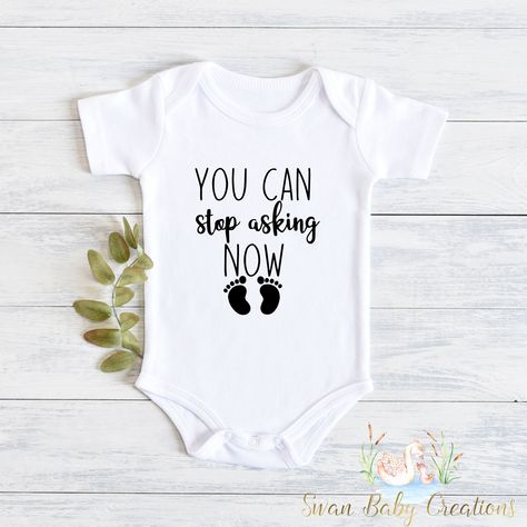 "Introducing our adorable collection of baby bodysuits and toddler shirts! These charming and comfortable garments are perfect for your little ones to rock in style and comfort. Each piece is carefully crafted with love and attention to detail to ensure a delightful experience for both parent and child. 🌟 Key Features:       💜Superior softness: Made from premium, high-quality fabrics, our baby bodysuits and toddler shirts are incredibly soft and gentle on delicate skin. Your little bundle of j You Can Stop Asking Now Announcement, Baby Onsie Announcement Ideas, Baby Onsies Ideas Announcement, Baby Announcement Onsies Ideas, Great Grandparents Announcement, Daddy Announcement Ideas, Baby Announcement For Grandparents, Baby Onesie Announcement, Grandparent Announcement