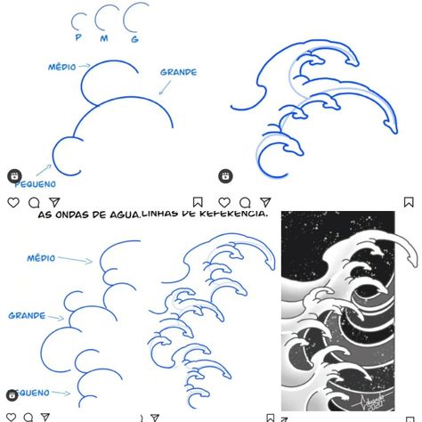 How To Draw Japanese Waves, Japanese Water Drawing, Japanese Finger Waves Drawing, Japanese Tattoo Elements, Japanese Style Waves, Traditional Japanese Wave Tattoo, Japanese Art Tutorial, Wave Japanese Tattoo, Japanese Waves Drawing