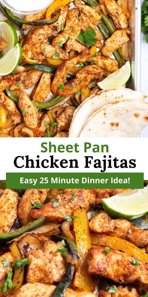 These sheet pan chicken fajitas are your go-to for a quick and easy dinner! Made with chicken breast, poblano peppers, and a colorful array of veggies, this flavorful dish is oven baked to perfection. In just 25 minutes, you can have a delicious weeknight meal that's sure to satisfy everyone at the table. Baked Fajita Chicken Breast, Sheet Pan Fajitas Chicken, Oven Baked Chicken Fajitas, Fajitas Chicken, Sheet Pan Fajitas, Sheet Pan Chicken Fajitas, Chicken Fajitas Recipe, Wraps Recipes Easy, Mexican Favorites