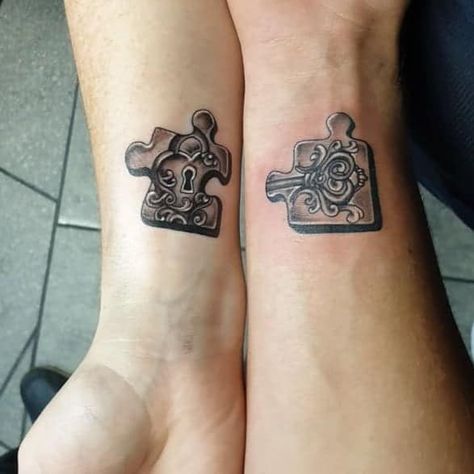 Couple Tattoo Puzzle Piece, His And Her Puzzle Piece Tattoos, Puzzle Tattoo Ideas Couple, Puzzle Piece Tattoo Matching, Couple Tattoos Puzzle Pieces, Tattoo Ideas For Best Friends Men, Matching Puzzle Piece Tattoos Couple, Matching Puzzle Tattoo, Puzzle Piece Matching Tattoos