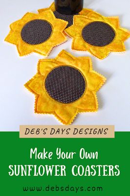 Deb's Days: Learn How to Make Sunflower Coasters - a DIY Summer Project Diy Coasters Easy, Sewing Coasters, How To Make Sunflower, Hot Pads Tutorial, Sunflower Coaster, Sunflower Coasters, Summer Diy Projects, Fabric Christmas Trees, Pinking Shears