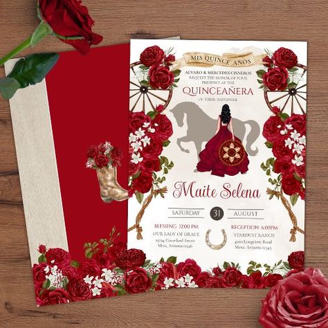 $2.95 | Rustic Western - Red Rose - Charro Quinceanera - quinceanera invitation, charro quinceanera, red, floral roses, red quince dress, elegant fancy beautiful, western, red rose, rustic farm rodeo vintage, red quinceanos cowboy cowgirl Red Charro Quinceanera Theme, Charro Centerpieces For Quince, Mexican Theme Quinceanera, Charro Quinceanera Theme, Red Quince Dress, Red Quinceanera Ideas, Quinceanera Red, Charro Quince, Pink Decorations