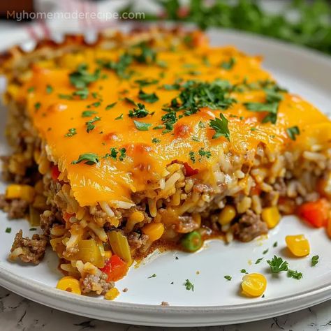 Beef Rice Casserole, Ground Beef And Rice Casserole, Cheesy Ground Beef And Rice, Fried Cheese Bites, Beef And Rice Casserole, Cheesy Ground Beef, Ground Beef And Rice, Ground Beef Rice, Beef Rice