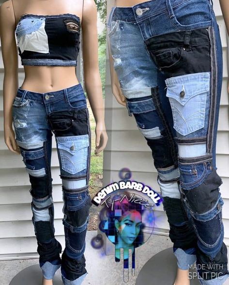 Diy Stacked Jeans, Stacked Jeans, Diy Ripped Jeans, Tube Top Outfits, Denim Diy Clothes, Blue Jean Outfits, Embellished Clothing, Custom Jeans, Blue Jeans Crafts