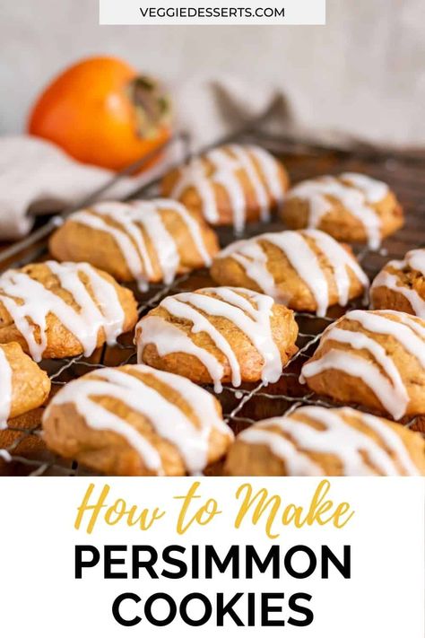 Easy Persimmon Cookies Recipe, Persimmon Cookies Recipe, Persimmon Muffins, Persimmon Cookie Recipe, Vegetable Cakes, Icing Drizzle, Persimmon Cookies, Persimmon Bread, Persimmon Pudding