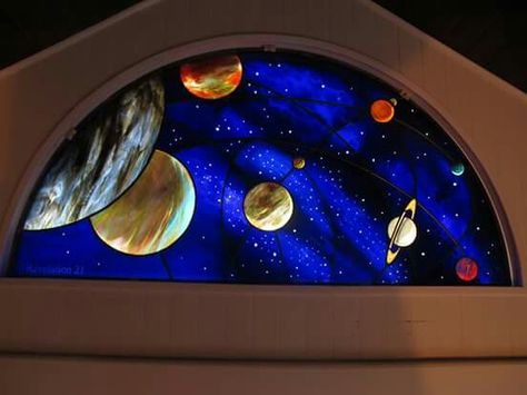 Planets Galaxy Stained Glass Art, Stained Glass Front Door Moon, Solar System Stained Glass Pattern, Space Stained Glass Art, Planet Stained Glass Patterns, Galaxy Stained Glass Window, Stained Glass Planets, Sun And Moon Stained Glass Window, Stained Glass Decor