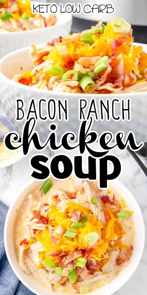 Low Carb Chicken Bacon Ranch Soup, Keto Chicken Bacon Ranch Soup, Chicken Bacon Ranch Soup Crockpot, Chicken Bacon Ranch Potato Soup, Chicken Bacon Ranch Soup, Crockpot Recipes Soup, Ranch Soup, Keto Chicken Bacon Ranch, Carrot Potato Soup