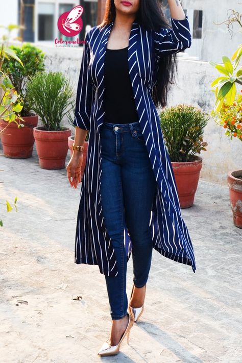 Navy Blue Stripes Crepe Quarter Sleeves Long Shrug Long Shrugs Outfit Western, Long Shrugs Indian With Jeans, Long Shrug For Women, Light Blue And Navy Blue Outfit, Navy Kimono Outfit, Short Shrugs With Jeans, Long Shrugs Outfit Jeans, Shrugs With Jeans, Shrug Outfit Ideas