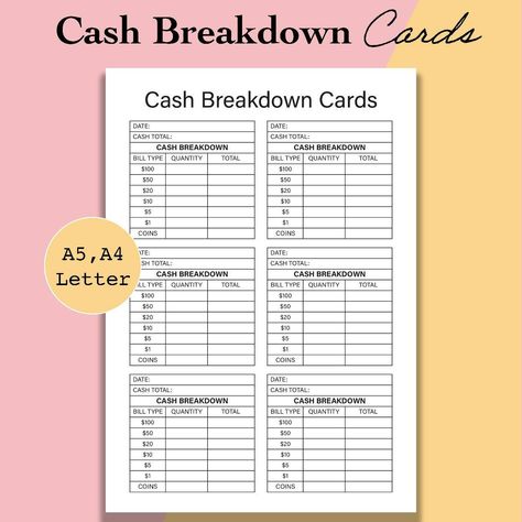 "NEW!! Cash Breakdown Cards 💸🤑🏦" Budget Sheets For Cash Envelopes, Cash Withdrawal Sheet, Cash Envelope System Printable, Cash Envelope Categories List, Journal Dump, Cash Evenlope Categories, Document Organization, Money Envelope System, Bill Tracker Printable