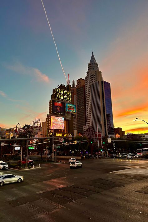 las vegas, new-york new-york hotel & casino, sunset, buildings, cars, street, aesthetic, photography Superbowl Fits, Las Vegas Sunset, Las Vegas Street, Vegas Vibes, Las Vegas Summer, Vegas Aesthetic, Cars Street, Street Aesthetic, New York Hotels