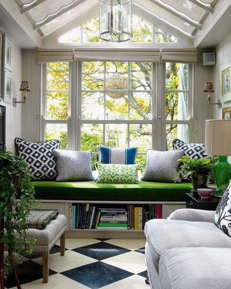 10 conservatory ideas that look GREAT! | Fifi McGee Conservatories Ideas, House Conservatory, Conservatory Interiors, Black And White Flooring, Conservatory Ideas, Checkered Floor, Conservatory Design, Cozy Living Room Ideas, Window Seat Storage