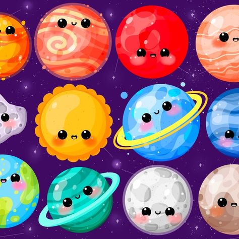 Printable Solar System, Kawaii Galaxy, Solar System Clipart, Cute Planets, Kids Branding Design, Galaxy Solar System, Kawaii Planet, Planet Drawing, Stickers For Goodnotes