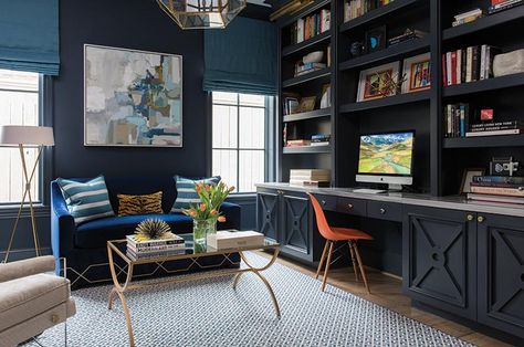 Blue Home Offices, Home Office Guest Room Combo, Home Office/guest Room, Modern Home Offices, Blue Office, Office Guest Room, Contemporary Office, Up House, Southern Home