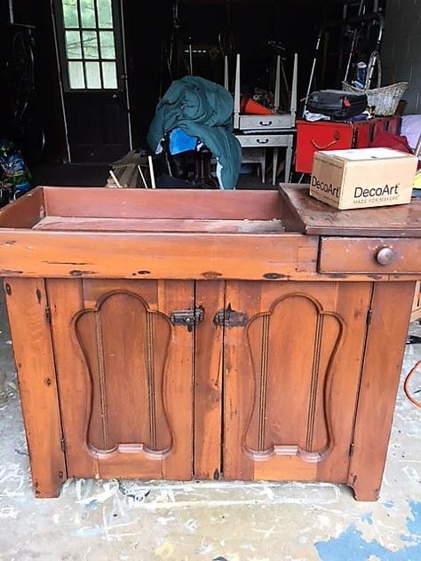 It’s a Wash! Vintage Dry Sink Before and After Refurbished Dry Sink, Vintage Dry Sink Makeover, Antique Dry Sink Repurposed, Dry Sink Makeover Ideas, Dry Sink Bathroom Vanity, Drysink Makeover, Dry Sink Repurposed, Dry Sink Decor Ideas, Dry Sink Makeover