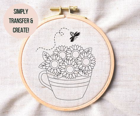 Flowers In A Teacup, Hoop Art Design, Embroidery Journal, Bee Embroidery Design, Modern Hand Embroidery Patterns, Nice Tattoos, Floral Teacup, Embroidery Crafts, Bee Embroidery