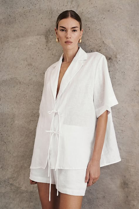 The 40 Best Linen Pieces for Summer, Hands Down | Who What Wear 2 Piece Set Outfit, Bridesmaids Getting Ready, Italian Summer Outfits, Laced Up Shirt, Wrap Shirt, Elastic Waist Pants, Set Outfit, 2 Piece Set, Pure Linen