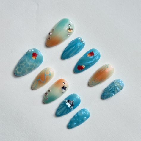 ⋅˚₊‧ଳ Ponyo nails ଳ‧₊˚⋅ • • • ib: @oaklestudio #nails #nailart #naildesign #nailsofinstagram #nailinspo #nailinstagram #nailsoftheday #3dnailart #pressonnails #pressons #pressonsforsale #pressonnailbusiness #cutenails #customnails #ponyo #studioghibli Ponyo Inspired Nails, Oaklestudio Nails, Ponyo Nails Studio Ghibli, Billie Nails, Ponyo Nails, Sparkly Nails, Nail Studio, 3d Nail Art, Nails Nailart