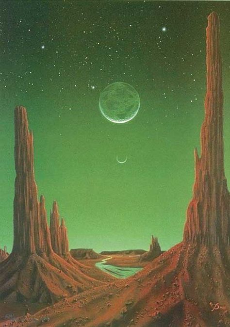 GREEN PIECE (Emerald Dawn) by Kim Poor Sci Fi Aesthetic, Alien Landscape, 70s Sci Fi Art, New Retro Wave, Alien Planet, Alien Worlds, Pulp Art, Science Fiction Art, Retro Futuristic