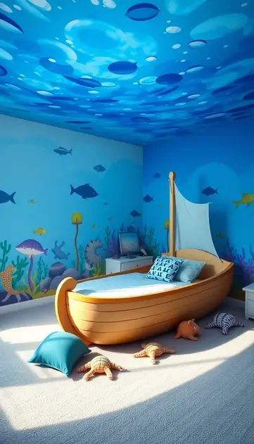 41 Toddler Boy Bedroom Ideas That Are Fun and Practical – HPD TEAM Submarine Bedroom, Shark Boys Room, Boy Rooms Ideas, Toddler Boy Bedroom Ideas, Toddler Boy Bedroom, Boy Bedroom Ideas, Designing A Bedroom, Convertible Toddler Bed, Boat Bed