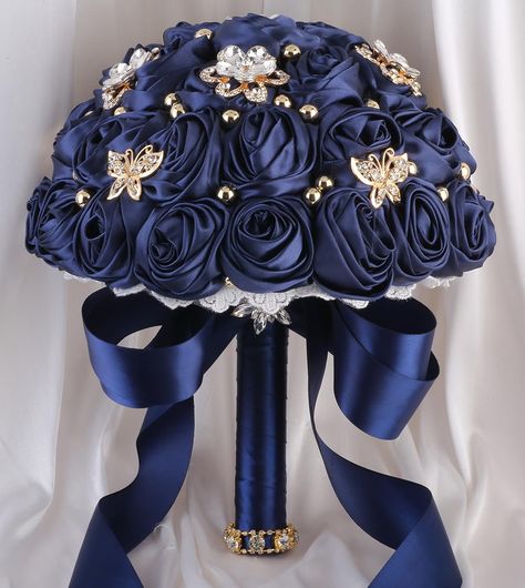 PRICES MAY VARY. Our bouquets have 4 sizes for different customer needs. They are, by diameter, 5.9", 7.1", 8.3" and 9.4". Recommend 5.9 inch mini bouquets for flower girls or toss use, 7.1 inch small bouquets for bridesmaids and 8.3 inch or 9.4 inch big bouquets for the bride Made of soft silky satin fabric cloth, crystal rhinestones, alloy and artificial gems and pearls, beautiful and sturdy; flower corolla decorated with vintage and quaint platinum/silver white jeweled brooches and baubles; h Royal Blue And Gold Bouquet Quinceanera, Blue Quinceanera Flowers, Navy Blue Quince Bouquet, Blue Quince Ramo, Coraline Quinceanera Theme, Navy Blue And Gold Quinceanera, Quinceanera Bouquets, Navy Quince, Bouquets For Bridesmaids