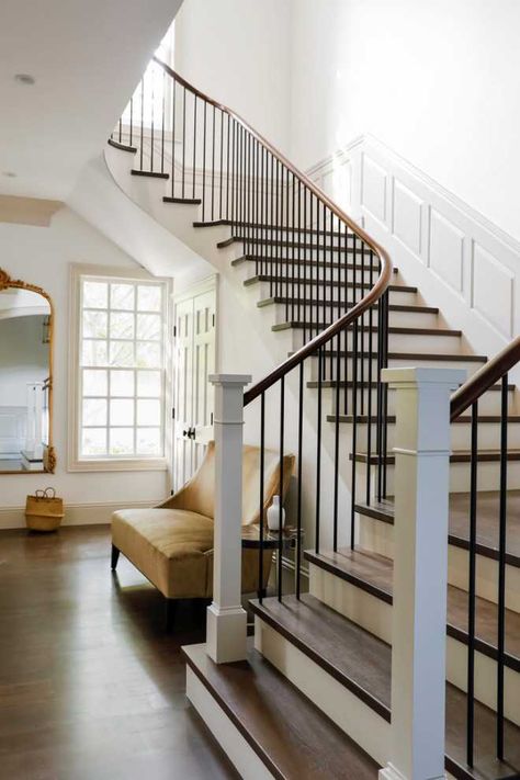 Traditional Colonial Staircase, Wooden Stairway Ideas, Wooden Staircase Design Traditional, Traditional Staircase Design, Modern Colonial Staircase, All Wood Stairs, Traditional Stair Railing Ideas, Iron And Wood Stair Railing, Studio Mcgee Staircase