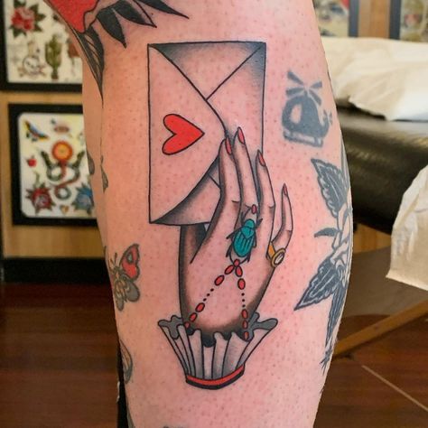 Love Letter Tattoo, Envelope Tattoo, Old School Ink, Chicago Tattoo, Letter Tattoo, American Tattoos, American Traditional Tattoo, American Traditional, Hand Art