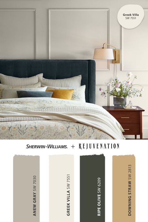 Create a bedroom sanctuary with paint colors from Sherwin-Williams. Tap this pin to order free color chips from the @rejuvenationhome 2024 palette, each hand-chosen to complement Rejuvenation's beautiful, modern finishings.    #SherwinWilliams #Rejuvenation #RejuvinationPartner #Hardware #BedroomColors #DIY #Paint #Inspiration #Color Paint Colors That Go With Brass Fixtures, Sw Mt Etna, 2024 Palette, Colors For Bedrooms, Mt Etna, Paint Collection, Bedroom Sanctuary, Sherwin Williams Colors, Paint Inspiration