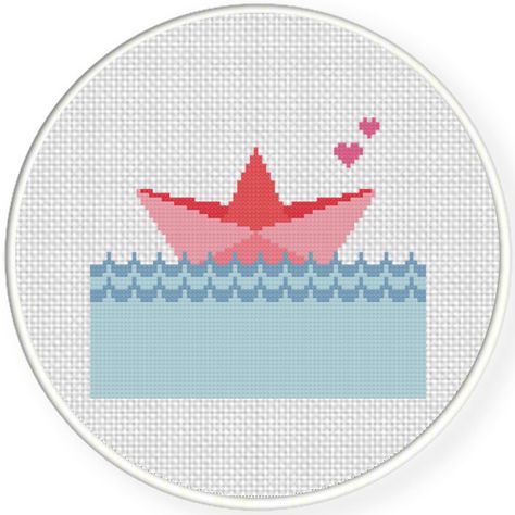 Paper Boat Cross Stitch Illustration Boat Cross Stitch, Stitch Illustration, Coconut Shell Crafts, Paper Boat, Pixel Pattern, Simple Cross Stitch, Stitch 2, Slug, Crochet Chart