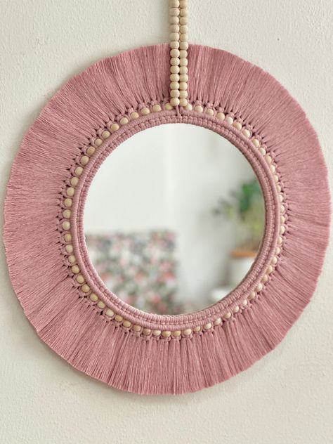 Large Macrame Mirror, Beaded Round Mirror, Kids Room Decor, Pink Mirror, Macrame Wall Hanging, Housewarming Gift, Newborn Gift, Boho Decor by bellabohemiandesign on Etsy Mirror Kids Room, Boho Mirror Wall, Boho Spiegel, Mirror Macrame, Round Hanging Mirror, Bohemian Mirror, Pink Macrame, Room Decor Pink, Boho Mirror