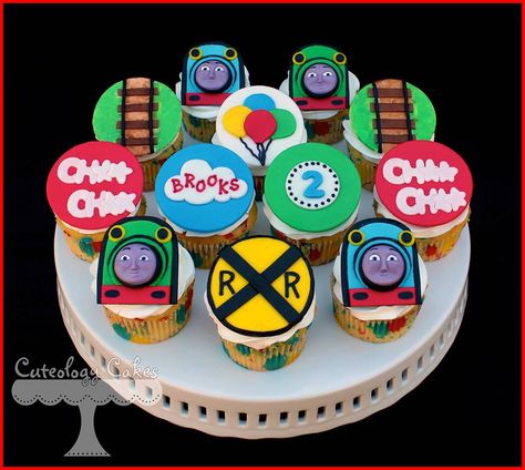 Thomas and Friends Cupcakes with Henry and Gordon. www.facebook.com/i.love.cuteology.cakes Thomas Cupcakes, Friends Cupcakes, Thomas And Friends Cake, Ten Birthday, Thomas Birthday Parties, Thomas Train Cake, Thomas Birthday, Birthday 4, Train Cake