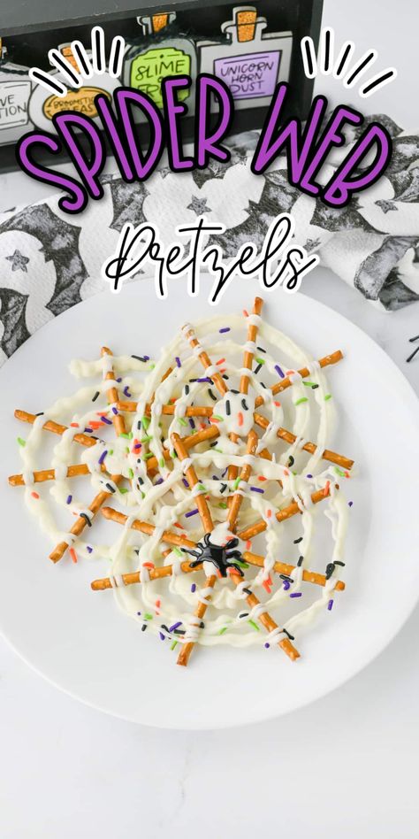 Spider Web Pretzels are a fun and spooky treat perfect for Halloween! Crispy pretzels are drizzled with white chocolate to create an eerie web design, making them a festive and easy snack for your next Halloween party. These deliciously creepy bites are sure to be a hit with both kids and adults Spider Web Pretzel Sticks, Spiderweb Pretzel Sticks, Spider Web Pretzels White Chocolate, Spiderweb Pretzels, Pretzel Spider Webs, Halloween Pretzels, White Chocolate Pretzels, Cute Halloween Treats, Pretzel Snacks