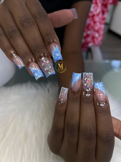 Short Square Marble Nails, Short Ombre Nails With Diamonds, Short Marble Ombre Nails, Ombré Marble Nails, Marble Short Nails, Marble Nails Short, Marble Nails With Rhinestones, Marble Ombre Nails, Sky Blue Marble Nails