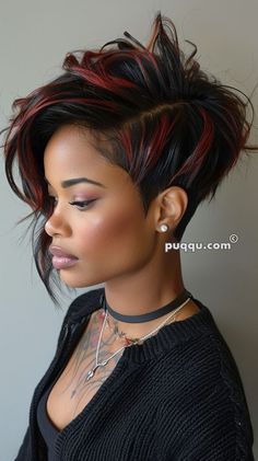 Red Hair With Black Highlights, Black Hair With Red, Hair With Red Highlights, Red Pixie Haircut, Black Hair With Red Highlights, Create Pin, Edgy Vibes, Black Red Hair, Shaved Hair Cuts