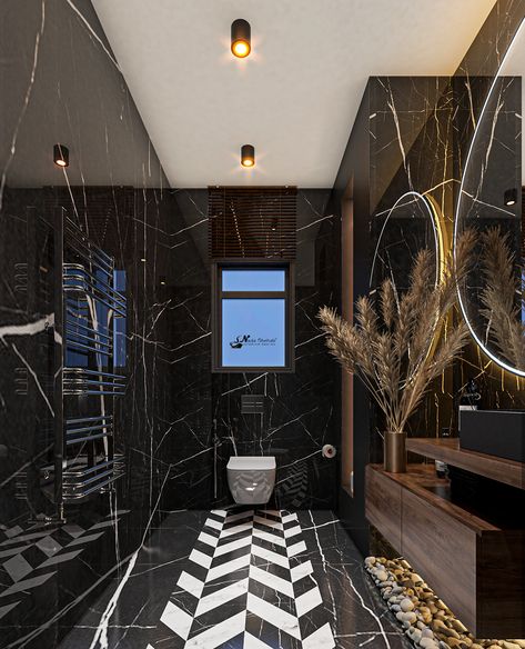 D A R K N E S S on Behance Luxury Toilet Design Master Bath, Modern Luxury Bathroom Marble, Marble Washroom, Contemporary Washroom, Washroom Tiles Design, Small Toilet Design, Black Marble Bathroom, Black Tile Bathrooms, Backlit Bathroom Mirror