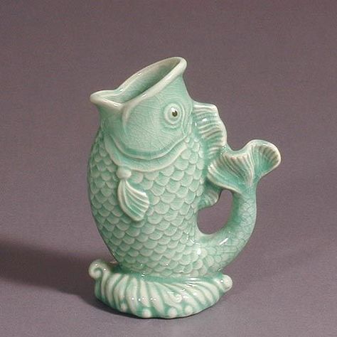 Korean Celdon Fish Vase Gurgle Pot, Pottery 101, Gluggle Jug, Monster Mugs, Guess Bedroom, Eminent Domain, Handbuilding Pottery, Celadon Pottery, Korean Celadon