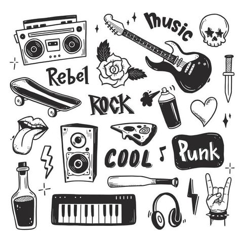 Punk Doodles, Punk Rock Tattoos, Rock And Roll Tattoo, Rock N Roll Tattoo, Rockstar Tattoo, Music Doodle, Punk Tattoo, Rock Tattoo, Quotes Music