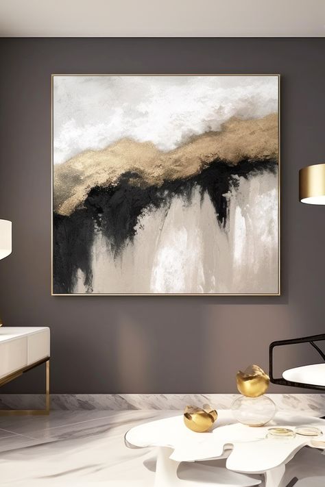 Original handmade abstract painting with gold, black, and white tones, featuring bold brushstrokes and dramatic contrast Black Wall Art, Black Wall, Minimalist Decor, Art Original, Modern Contemporary, Light In The Dark, Art Nouveau, Abstract Art, Wall Art