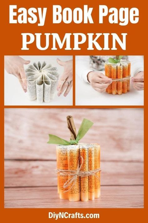 Create this adorable shabby chic book page paper pumpkin decoration in a matter of minutes! This is a great addition to your fall decor! This pumpkin decoration is a great way to use up old books for fun and easy crafts. #PaperPumpkin #OldBookPageCrafts #BookpagePumpkin #PumpkinDecor Book Pumpkins Diy, Book Sculpture Easy, Book Page Centerpieces, Recycle Books Crafts, Book Pumpkin Diy, Halloween Book Decor, Fall Adult Crafts, Crafts With Old Books, Halloween Crafts For Teens