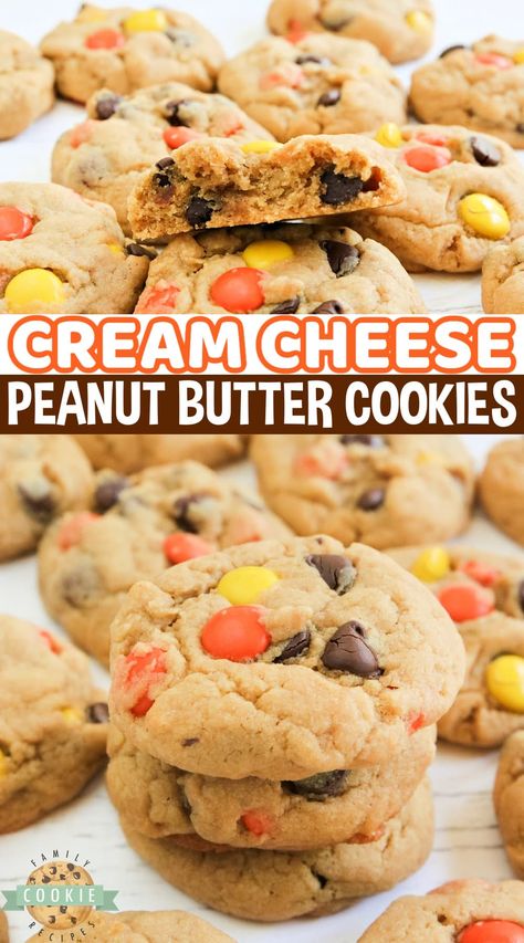 CREAM CHEESE PEANUT BUTTER COOKIES - Family Cookie Recipes Peanut Butter Cream Cheese Cookies, Cream Cheese Peanut Butter, Peanut Butter Cream Cheese, Cookies With Cream Cheese, Peanut Butter Cream, Make Cream Cheese, Dessert Bites, Cream Cheese Cookies, Choc Chip Cookies