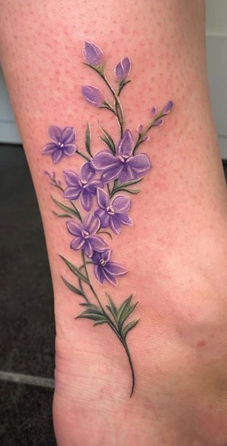 Irish Flower Tattoo, Larkspur Flower Tattoos, Aster Flower Tattoos, Purple Flower Tattoos, Larkspur Tattoo, Water Lily Tattoos, Purple Tattoos, Larkspur Flower, Cross Tattoos For Women