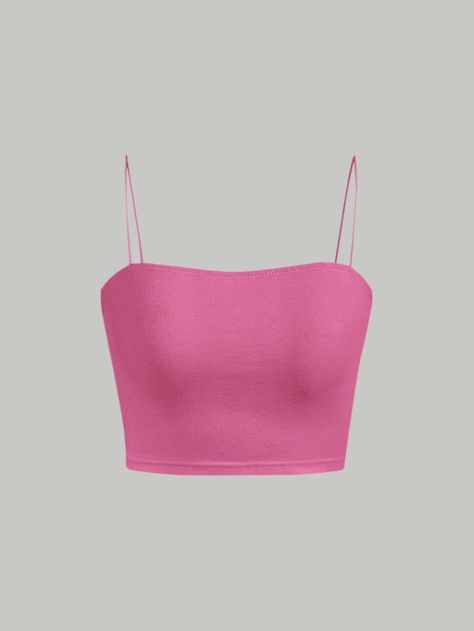 Pink Casual Collar  Knitted Fabric Plain Cami Embellished Slight Stretch  Women Tops, Blouses & Tee Top Rosa Outfit, Tops Rosas, Pink Crop Top Outfit, Crop Top Rosa, Crop Tops Pink, Pink Cropped Top, Pink Tees, Tops Bonitos, Denim Top Women